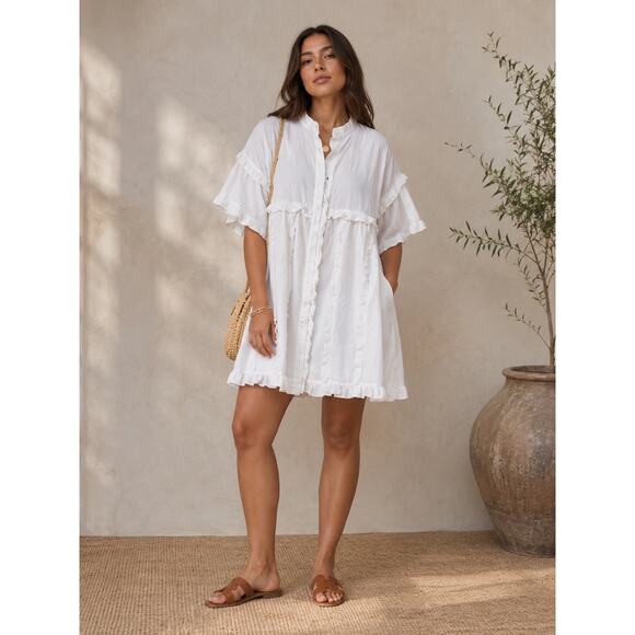 P.CILL Dresses & Skirts - White Linen-Cotton Ruffle Mini Dress | Large Oversized | Coastal Boho